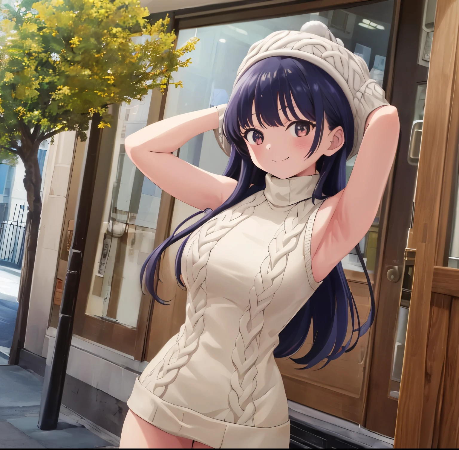 1girl, alone, Anna Yamada,masterpiece,best quality,highres,ultra-detailed,aaanna,long hair,bangs,large breasts,(sweater:1.2),(turtleneck:1.2),street,smile,standing,(sleeveless:1.4),arm_behind_head,arms_up,cowboy shot,no pants, perfect hands, perfect anatomy 