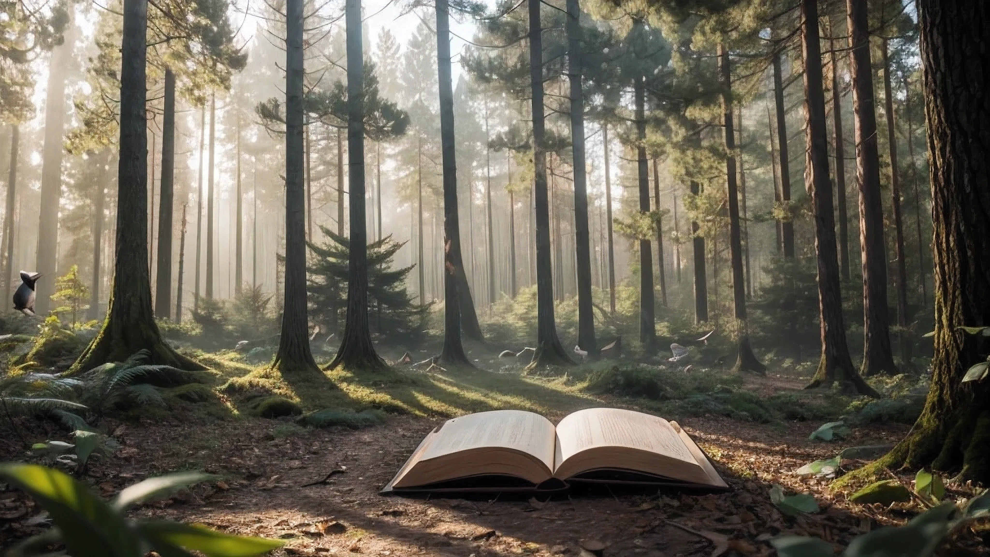 Create an image of a book being read in a forest, with birds flying over the book, all of this in a cinematic camera shot.