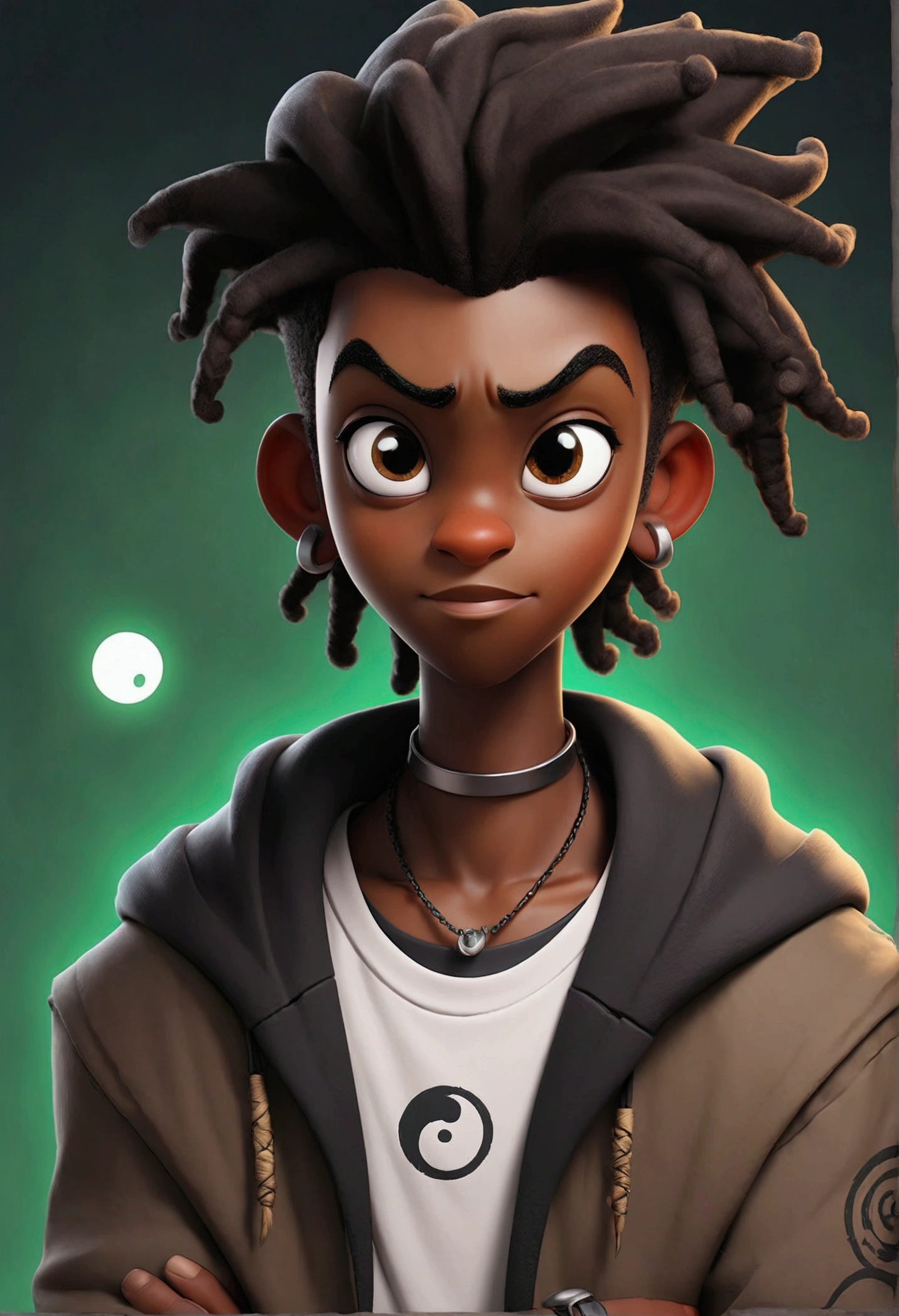a drawing of an dark skin person with a black dreadlocks and a white shirt, wearing black hoodie with an yin Yang logo on it, halfbody portrait, tyler jacobson style, anime character, cel shaded:15, young anime man, androgynous appearance, shaggy dreadlocks, goatee, mustache, Smiling, teeth are slightly shown