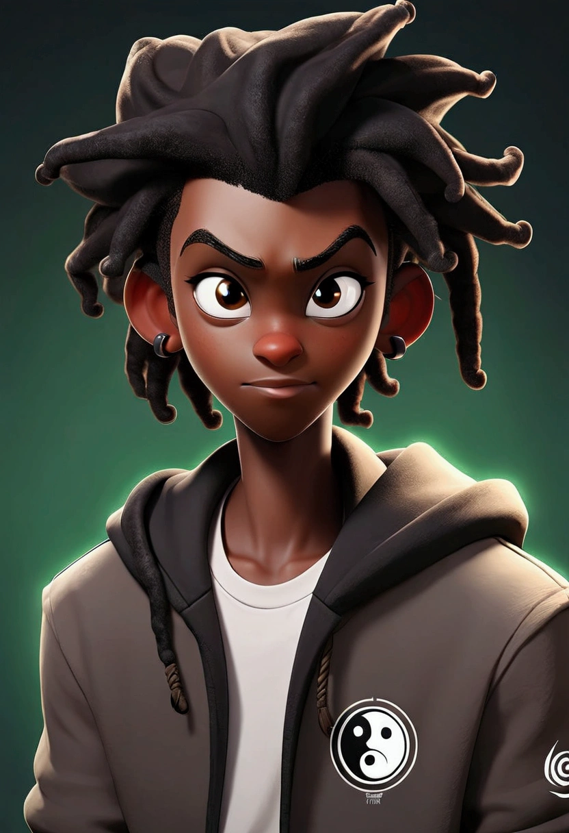 a drawing of an dark skin person with a black dreadlocks and a white shirt, wearing black hoodie with an yin Yang logo on it, halfbody portrait, tyler jacobson style, anime character, cel shaded:15, young anime man, androgynous appearance, shaggy dreadlocks, goatee, mustache, Smiling, teeth are slightly shown