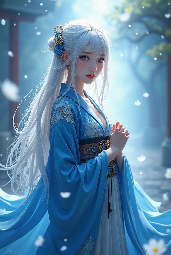 best quality, tmasterpiece, Ultra-high resolution, Clear face, (Reality: 1.4), perfect lighting,(photorealistic: 1.50), anime wallpaper, Guviz style artwork , fantasy cover up to magic , by Yang J, Guviz, beautiful artwork illustration, beautiful digital artwork, beautiful digital illustration, Li Song, beautiful anime portrait, art style at Beauvot,illustration, ethereal and beautiful, highly detailed, CG, unity, 8k wallpaper, Amazing, fine detail, masterpiece, best quality, official art, highly detailed CG unity 8k wallpaper,absurd, extremely absurd, large file size, highly detailed , high resolution, very detailed,beautiful girl with details, very detailed eyes and face, beautiful detailed eyes,light on the face,cinematic lighting, 1girl, (white hair:1.3), long hair, Bangs, hair ornament, blue eyes, kimono, absurddress, blue dress, umbrella, standing, full body,