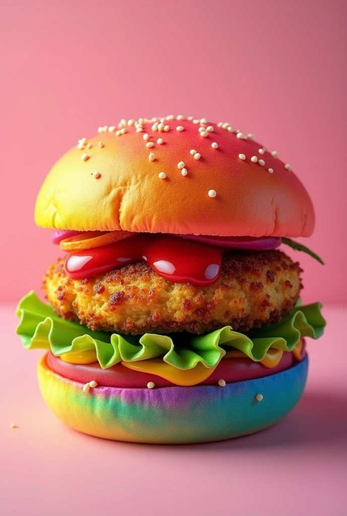 Burger with rainbow buns and chicken instead of beef
