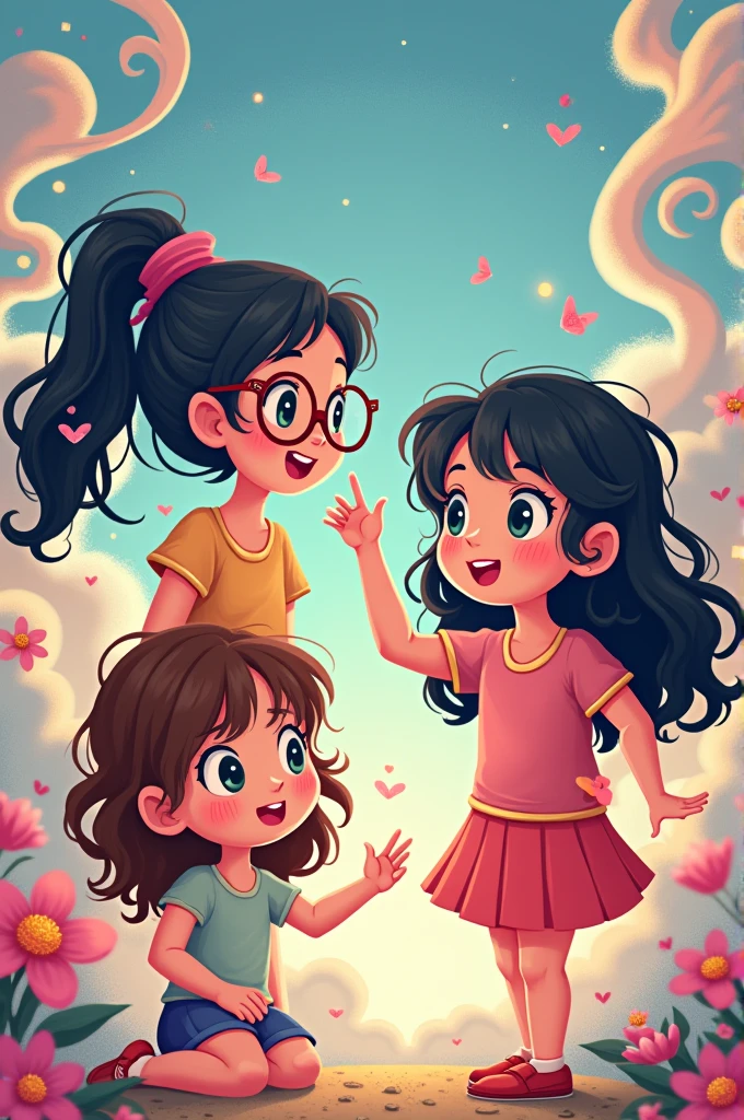 3 girls, one with glasses and black hair tied in a ponytail, the other with long, loose black hair but with a small mole near the lip on the right side and a girl with loose, brown hair and a bit Chinese Pixart