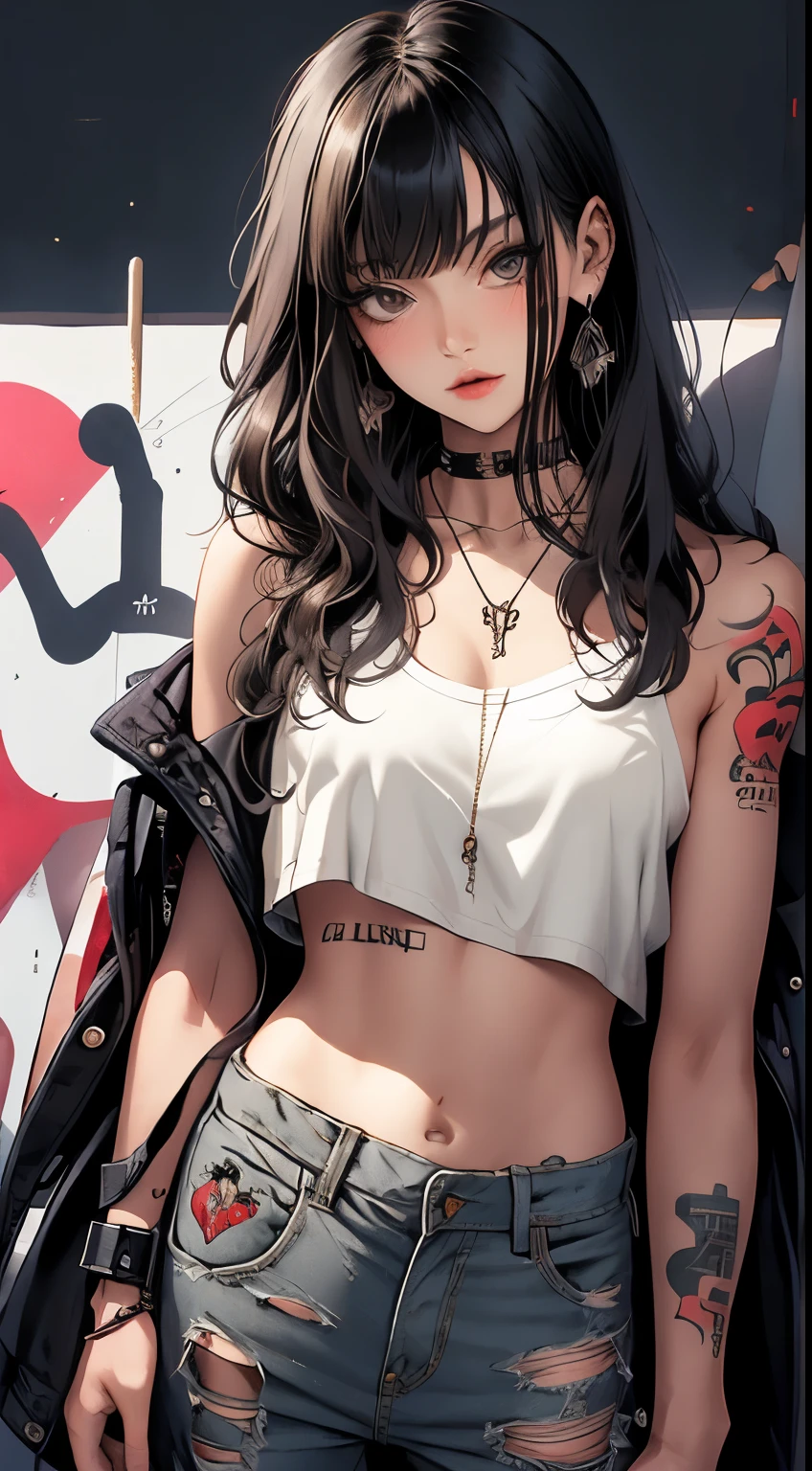 masterpiece, highest quality, pixiv, Cool girl, the strongest pirate girl, topless, Lips in love, dark brown hair, Curly hairs, blunt bangs, straight bangs, gray eyes, White skin, Girl, improve, Graffiti-Stil, Cool, villain, Böses Girl, tattoo, wears red binnie