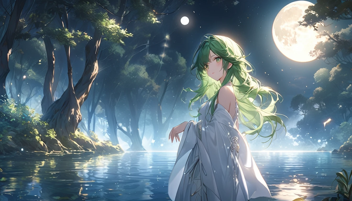 **226. One person。Moonlit Secret Forest。mysterious＋Fantasy。Cowboy shot or close-up。  
masterpiece, best quality, ultra detailed (Detailed fingers), (Emotional), (Breathtakingly beautiful),  
(main part: 1.2 Whole body。), (Anime Style), (Very detailed), (Fantasyな),  
(超High resolution, High resolution), (8k), (High resolution: 1.2), (Complex and beautiful: 1.2)**
- background: Moonlight shines into the deep forest、A quiet lake spreads out。
- character: A forest spirit with long green hair and white robes.。
-pose: Standing on the shore of the lake、Reaching out towards the moon。
-expression: A calm and peaceful look、Your eyes shine kindly。
- Effects: The moonlight reflects on the water、Fantasyな光のオーラが漂う。
-color: Deep green and blue、A harmonious shade of moonlight white。
