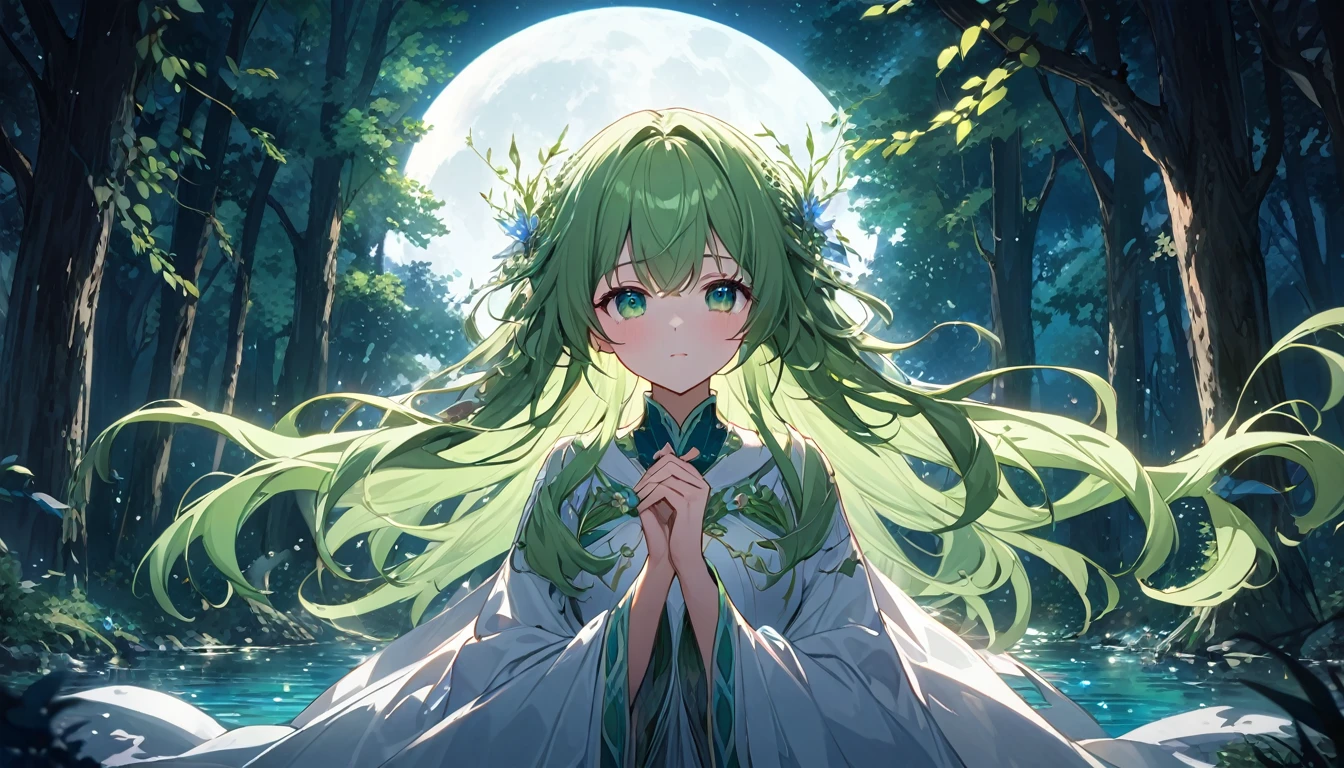 **226. One person。Moonlit Secret Forest。mysterious+Fantasy。Cowboy shot or close-up。
masterpiece, best quality, ultra detailed (Detailed fingers), (Emotional), (Breathtakingly beautiful),
(main part: 1.2 Whole body。), (Anime Style), (Very detailed), (Fantasyな),
(超High resolution, High resolution), (8k), (High resolution: 1.2), (Complex and beautiful: 1.2)**
- background: Moonlight shines into the deep forest、A quiet lake spreads out。
- character: A forest spirit with long green hair and white robes.。
-pose: Standing on the shore of the lake、Reaching out towards the moon。
-expression: A calm and peaceful look、Your eyes shine kindly。
- Effects: The moonlight reflects on the water、Fantasyな光のオーラが漂う。
-color: Deep green and blue、A harmonious shade of moonlight white。