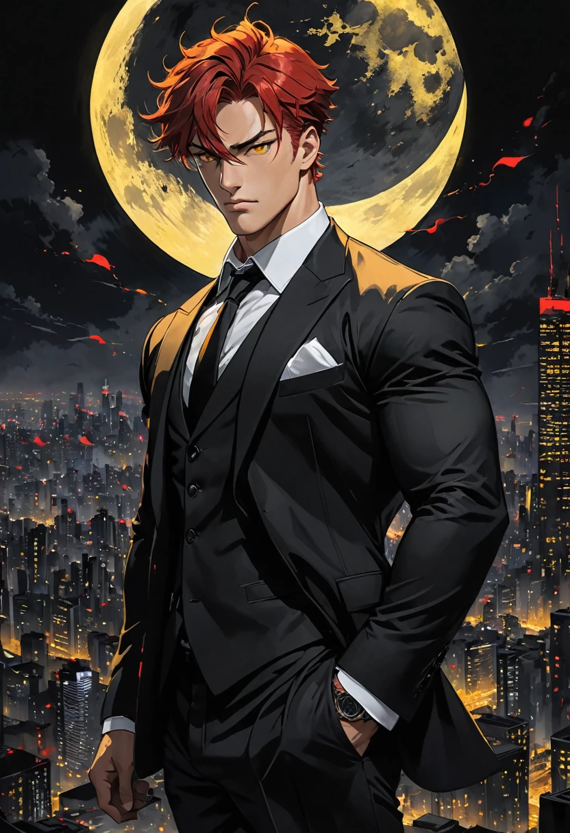 1 men, about 28 years old, yellow  eyes, serious body, well defined and muscular, messy short red hair, mobster, wearing a black suit, black backdrop, over the city moon 