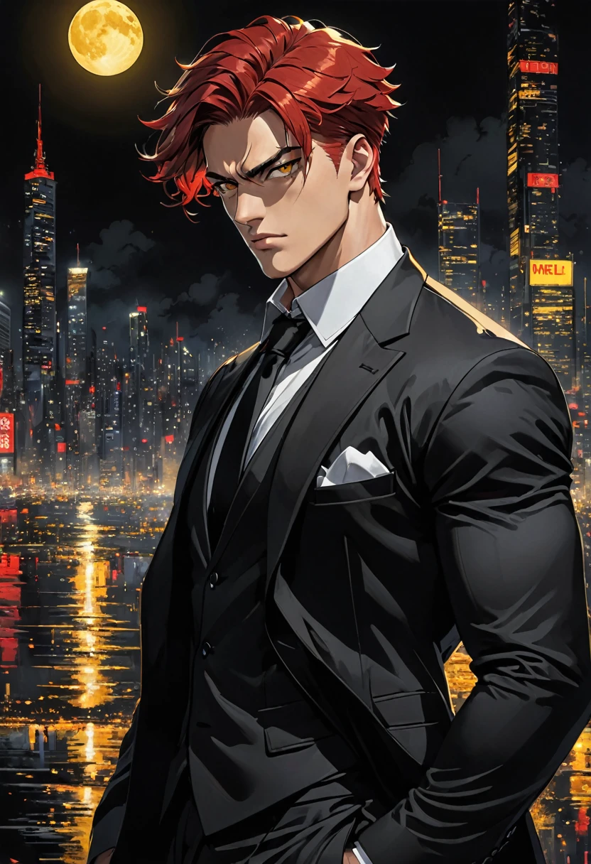 1 men, about 28 years old, yellow eyes, serious body, well defined and muscular, messy short red hair, mobster, wearing a black suit, black backdrop, over the city moon