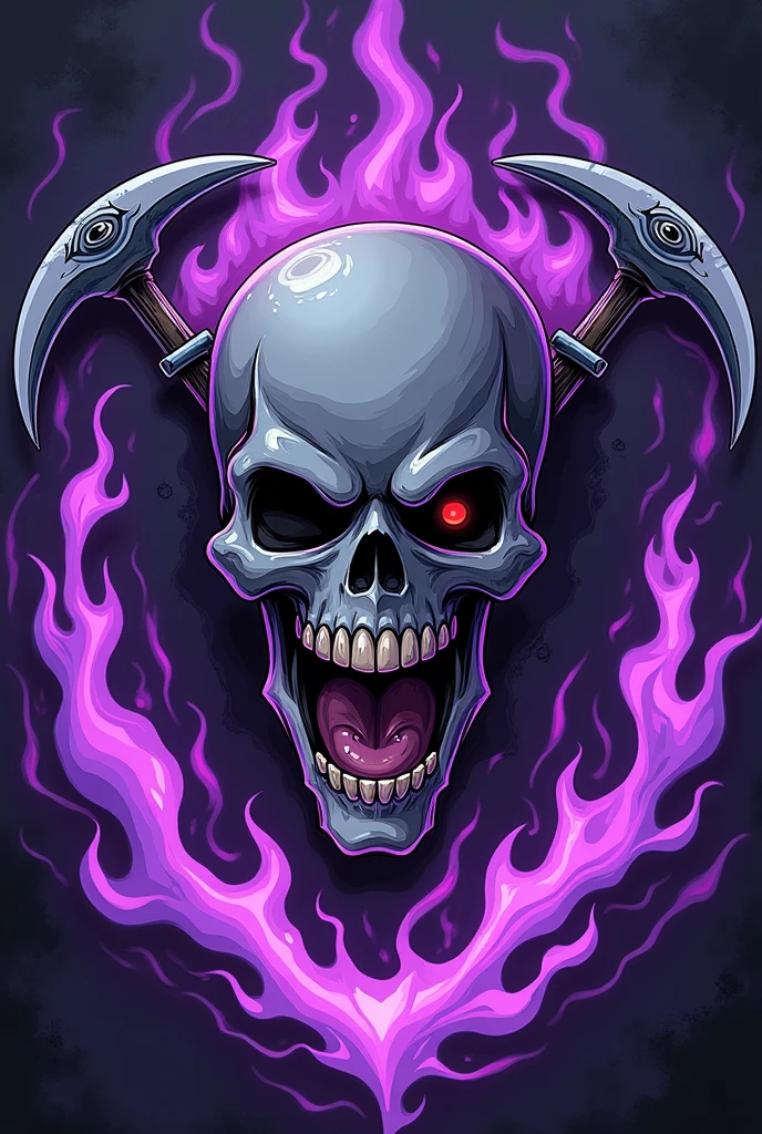 Jolly Roger One Piece anime style pirate skull with scythes on the back and purple and black fire