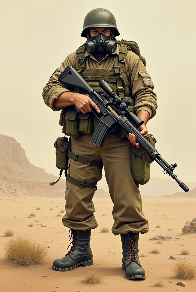 Soldier with vest and helmet gas mask and rifle in hands in an empty desert drawn image world war ii