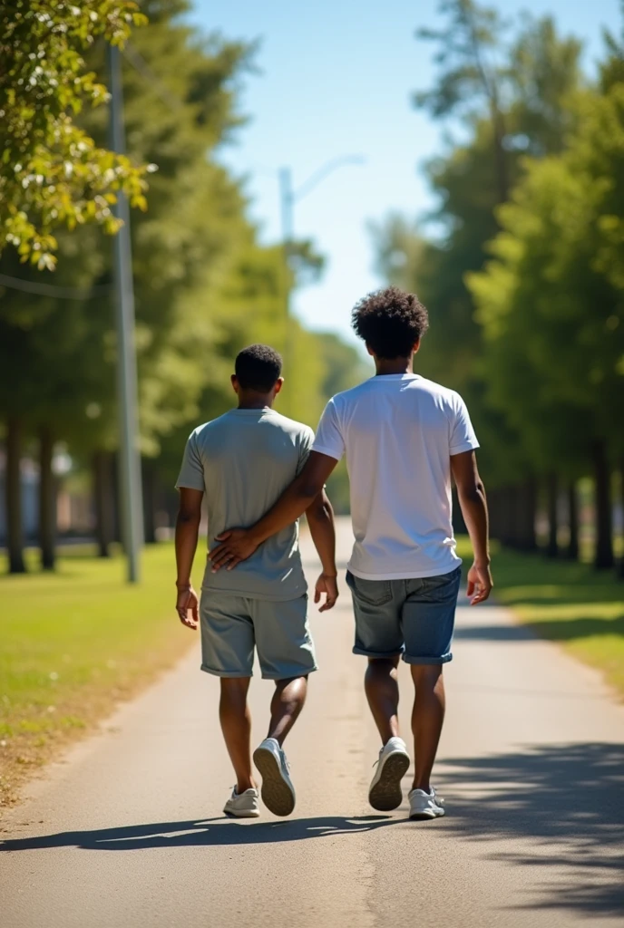 A 40-year-old Brazilian father and his 29-year-old son walking side by side on a sunny day, seen from behind. The father has a slightly muscular build, darker skin, short curly hair, and wears casual clothes. The son is leaner with a similar complexion, short hair, and also dressed casually. They walk along a peaceful path with clear blue skies, vibrant green trees, and bright sunlight casting long shadows on the ground. The scene conveys a warm and close bond between them.