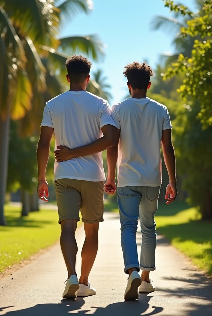 A 40-year-old Brazilian father and his 29-year-old son walking side by side on a sunny day, seen from behind. The father has a slightly muscular build, darker skin, short curly hair, and wears casual clothes. The son is leaner with a similar complexion, short hair, and also dressed casually. They walk along a peaceful path with clear blue skies, vibrant green trees, and bright sunlight casting long shadows on the ground. The scene conveys a warm and close bond between them.