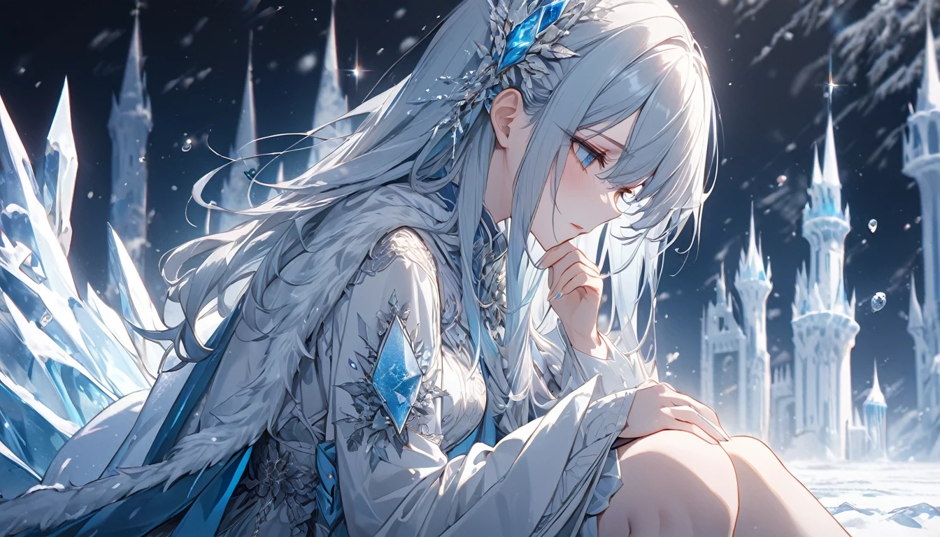 **227. One person。氷の城に住むLonelyな姫。Cold Beauty+Lonely。Cowboy shot or close-up。
masterpiece, best quality, ultra detailed (Detailed fingers), (Emotional), (Breathtakingly beautiful),
(main part: 1.2 Whole body。), (Anime Style), (Very detailed), (Lonelyな),
(超High resolution, High resolution), (8k), (High resolution: 1.2), (Complex and beautiful: 1.2)**
- background: A vast ice castle covered in snow、A cold wind blows through。
- character: 白いドレスと銀色の冠を身につけたLonelyな姫。
-pose: Sitting on the ice throne、Gazing into the distant sky。
-expression: Lonely look、Cold Beautyを漂わせる瞳。
- Effects: A chill wafted around her.、Ice crystals sparkle。
-color: White and blue、Cold tones dominated by silver。