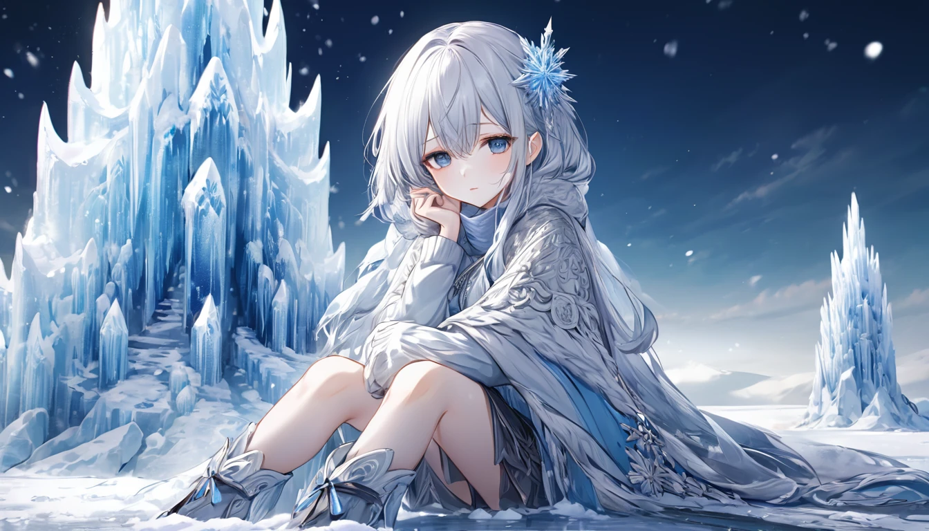 **227. One person。氷の城に住むLonelyな姫。Cold Beauty+Lonely。Cowboy shot or close-up。
masterpiece, best quality, ultra detailed (Detailed fingers), (Emotional), (Breathtakingly beautiful),
(main part: 1.2 Whole body。), (Anime Style), (Very detailed), (Lonelyな),
(超High resolution, High resolution), (8k), (High resolution: 1.2), (Complex and beautiful: 1.2)**
- background: A vast ice castle covered in snow、A cold wind blows through。
- character: 白いドレスと銀色の冠を身につけたLonelyな姫。
-pose: Sitting on the ice throne、Gazing into the distant sky。
-expression: Lonely look、Cold Beautyを漂わせる瞳。
- Effects: A chill wafted around her.、Ice crystals sparkle。
-color: White and blue、Cold tones dominated by silver。