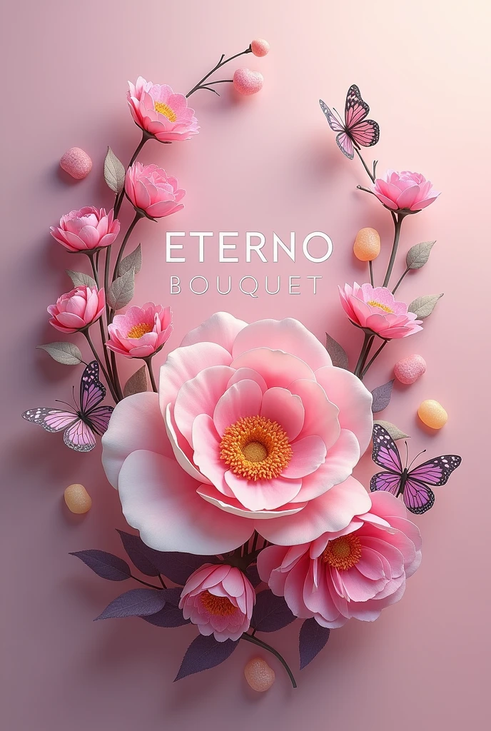 Make a logo for a company called "ETERNO BOUQUET" That is of eternal flowers ,make-up, butterflies and jelly beans. (that bears the name of the company)