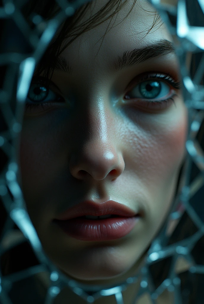 reflection of a face in broken scattered mirror, hyper detailed, hyper realistic, highres, UHD,8k, dramatic contrast, best quality, high quality digital photography art