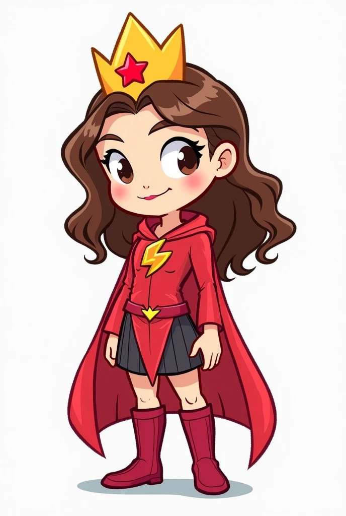 Create an image of Janet from Brawl Stars as Scarlet Witch, designed in a 2D, hand-drawn style that looks like it was illustrated by a child. Janet should have her signature look but with brown hair styled to match Scarlet Witch’s, instead of her usual color. She should be dressed as Scarlet Witch, wearing the iconic bright red crown and a flowing red cape. Make sure there’s no mask, just the crown. In her hands, she should be holding a small staff instead of flames. Please show her from the side, back, and front positions. The overall aesthetic should be simple, colorful, and playful, with bold lines and a slightly rough, sketch-like appearance, as if it was drawn with crayons or markers.