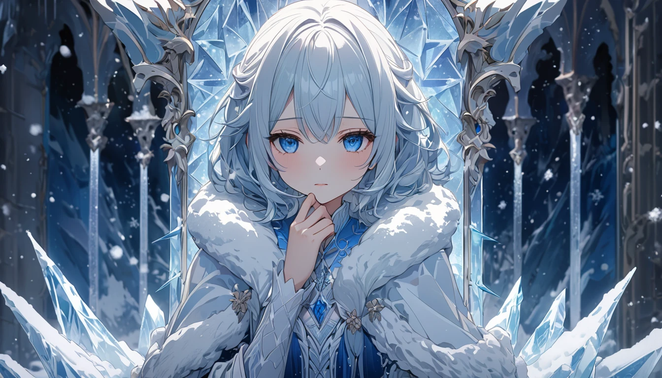 **227. One person。氷の城に住むLonelyな姫。Cold Beauty＋Lonely。Cowboy shot or close-up。  
masterpiece, best quality, ultra detailed (Detailed fingers), (Emotional), (Breathtakingly beautiful),  
(main part: 1.2 Whole body。), (Anime Style), (Very detailed), (Lonelyな),  
(超High resolution, High resolution), (8k), (High resolution: 1.2), (Complex and beautiful: 1.2)**
- background: A vast ice castle covered in snow、A cold wind blows through。
- character: 白いドレスと銀色の冠を身につけたLonelyな姫。
-pose: Sitting on the ice throne、Gazing into the distant sky。
-expression: Lonely look、Cold Beautyを漂わせる瞳。
- Effects: A chill wafted around her.、Ice crystals sparkle。
-color: White and blue、Cold tones dominated by silver。
