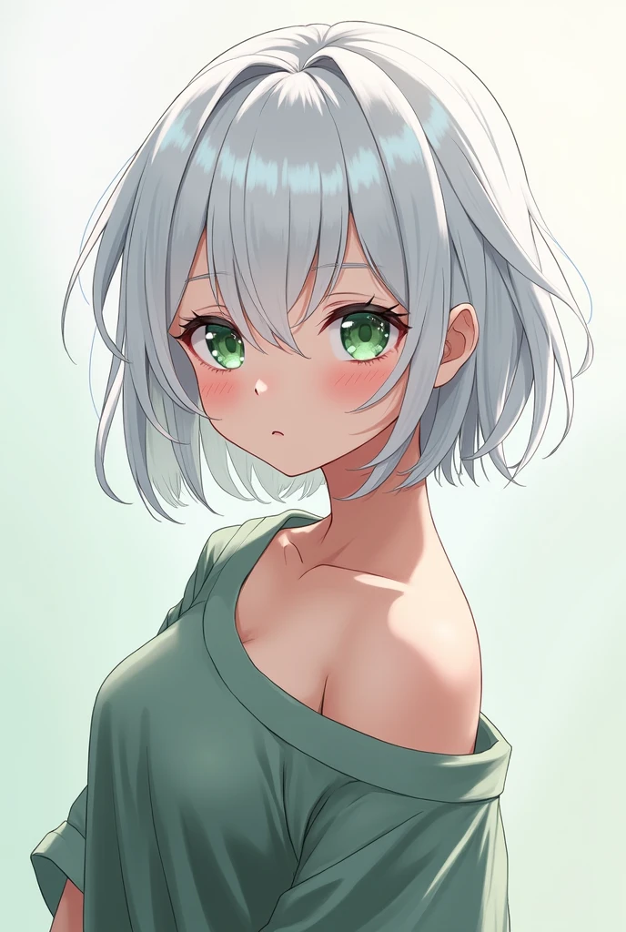 A girl with short white hair and bangs, strong green eyes, a slight smile on his face, adolescent, Whole body, anime.