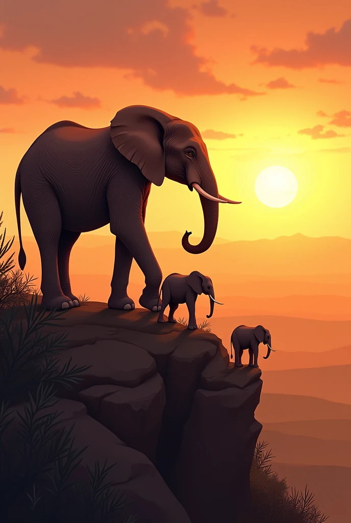 "Illustrate a beautiful scene where 3 elephants: Osot Sog, Trombinha, and Pipoca stand on top of a mountain, overlooking the vast African savanna below. The sun is setting, casting a golden glow over the landscape. Elephant is speaking to his babies elephants, who gaze up at him with admiration and respect. The style should be inspiring and majestic, highlighting the bond between father and babies elephants and the wisdom being shared."