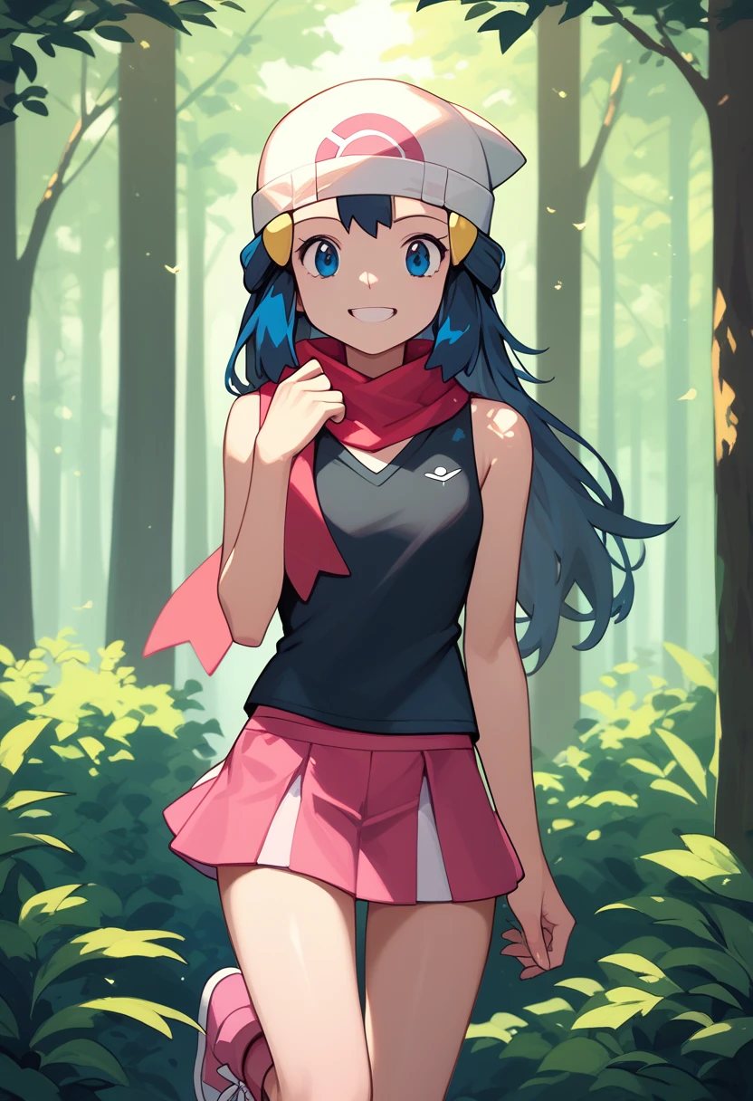 masterpiece, Best Quality, 1 girl, dawn \(Pokémon\), cap, by the wide, For the blue, blue eyes, Black sleeveless shirt, pink scarf, pink skirt, pink boots, smile, looking at the viewer, forest background