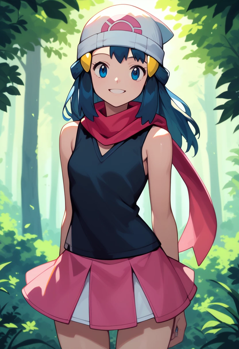 masterpiece, Best Quality, 1 girl, dawn \(Pokémon\), cap, by the wide, For the blue, blue eyes, Black sleeveless shirt, pink scarf, pink skirt, pink boots, smile, looking at the viewer, forest background