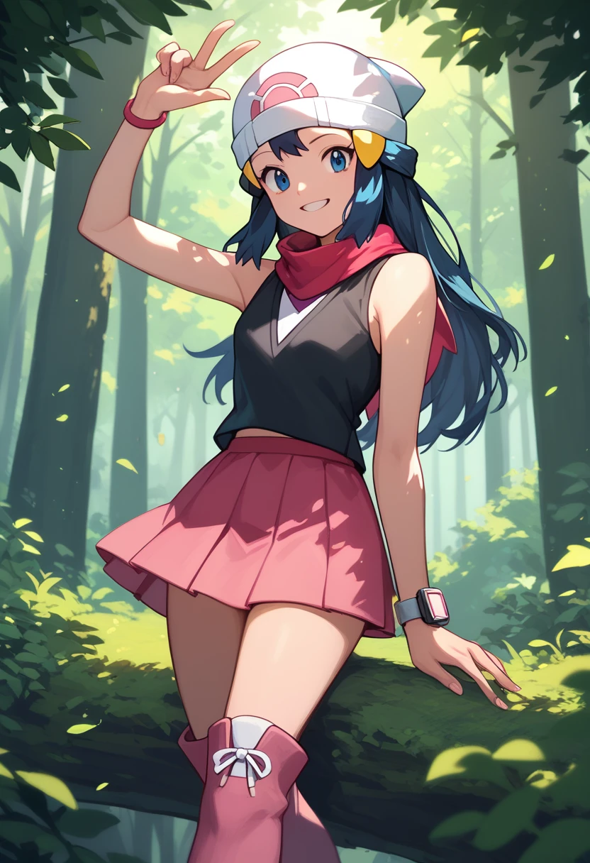 masterpiece, Best Quality, 1 girl, dawn \(Pokémon\), cap, by the wide, For the blue, blue eyes, Black sleeveless shirt, pink scarf, pink skirt, pink boots, smile, looking at the viewer, forest background