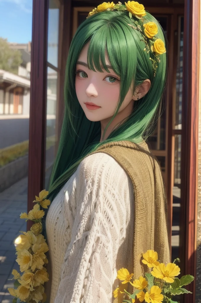 1 girl, best quality, masterpiece, cinematic lighting, (Woman with golden flower image), long bob hairstyle, green hair, pale skin, (soft smile:1.3), ((streak of light))