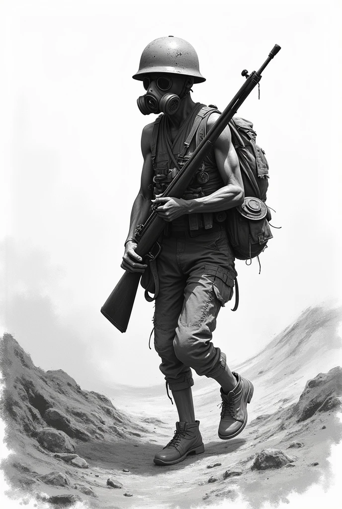 Skinny soldier in vest and helmet gas mask and rifle in hands in an empty desert drawn image world war ii