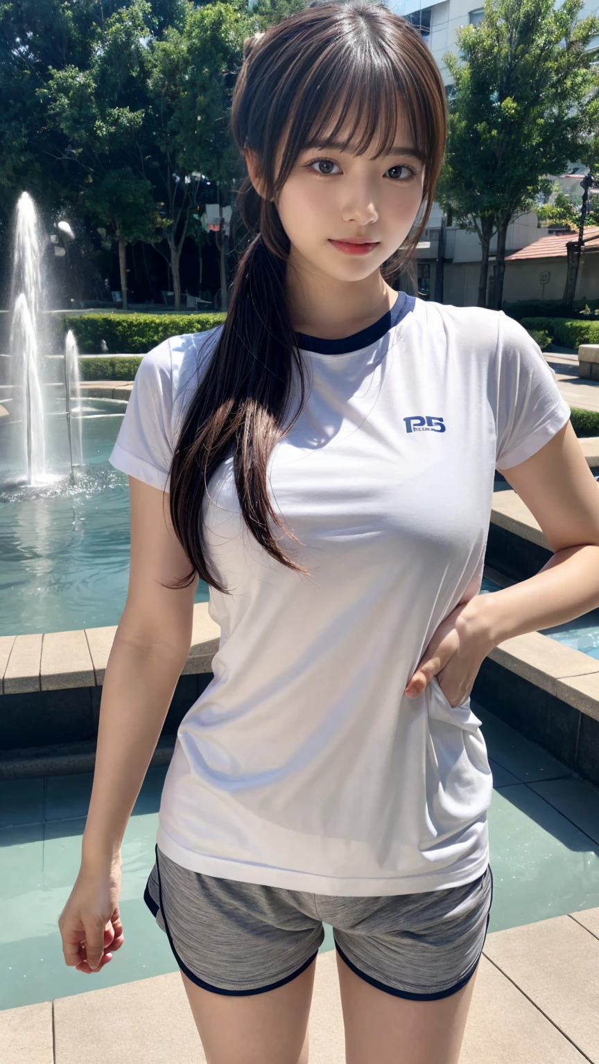masterpiece, best quality, illustration, Super detailed, fine details, High resolution, 8K,wall paper, perfect dynamic composition,(Details High quality, realistic depiction of eyes:1.3), (short sleeve white t-shirt, navy short pants, gym clothes), middle hair, ponytail, sideburns, black hair color, Big Natural Color Lip, Large swollen breast, perfect body shape, crying a little、little smile、 Harajuku style、20 year old girl、cute type、lolita, hposing Gravure Idol, full body photo、focus on crotch, (park:1.2, fountain)