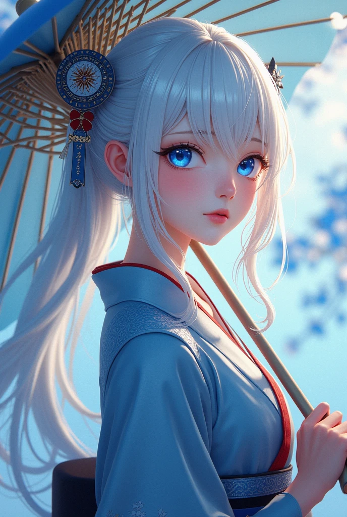 best quality, tmasterpiece, Ultra-high resolution, Clear face, (Reality: 1.4), perfect lighting,(photorealistic: 1.50), anime wallpaper, Guviz style artwork , fantasy cover up to magic , by Yang J, Guviz, beautiful artwork illustration, beautiful digital artwork, beautiful digital illustration, Li Song, beautiful anime portrait, art style at Beauvot,illustration, ethereal and beautiful, highly detailed, CG, unity, 8k wallpaper, Amazing, fine detail, masterpiece, best quality, official art, highly detailed CG unity 8k wallpaper,absurd, extremely absurd, large file size, highly detailed , high resolution, very detailed,beautiful girl with details, very detailed eyes and face, beautiful detailed eyes,light on the face,cinematic lighting, 1girl, (white hair:1.3), long hair, Bangs, hair ornament, blue eyes, kimono, absurddress, blue kimono, Japanese clothes, umbrella, standing, upper body,