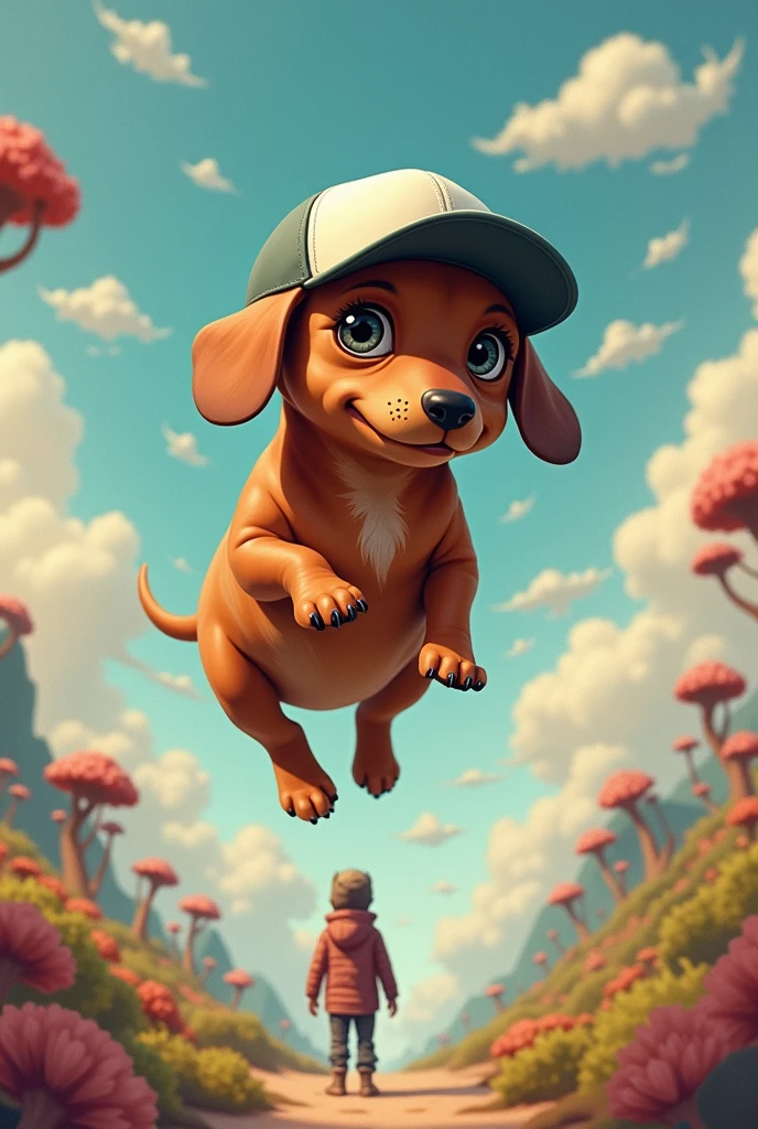A flying suckling dachshund with a backwards cap and a slave