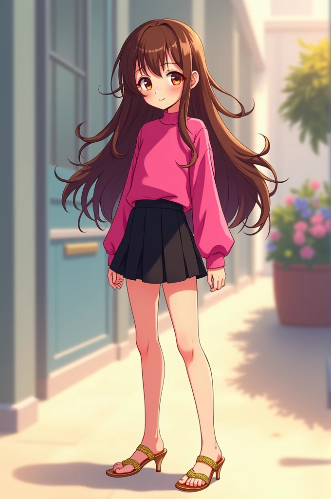 An anime character who is around 9 years old has long wavy hair, brown eyes, wears a hot pink long-sleeved outfit, wears a black skirt and finally wears gold high-heeled sandals.