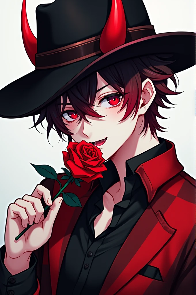 I want an anime boy with messy red half black hair and a rose in his mouth with a red bones shirt and a black cowboy hat and red horns