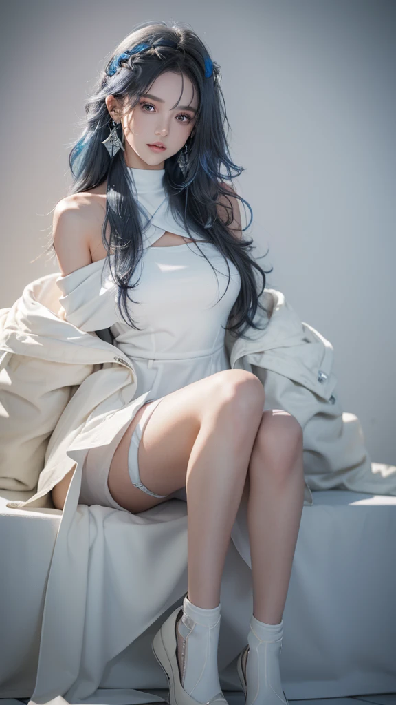 (the street:1 girl with blue hair,Get up,One word step+), tmasterpiece, Best quality, RAW photos, realistically, the face, Incredibly ridiculous Resourcetra long brown curly hair around the ears),eye shadows,techwear outfits,(White off-the-shoulder over-the-knee dress),White off-shoulder long dress,(White tight flats,depth of fields, A high resolution, ultra - detailed, filigrees, RAWE is very detailed, The details of the eyes and face are very rich, Sharp pupils, realistic student, lock focus, movie lighting,Full body lesbian,The large,The legs look very long from the front,dynamicposes,Normal posture,closeup of face