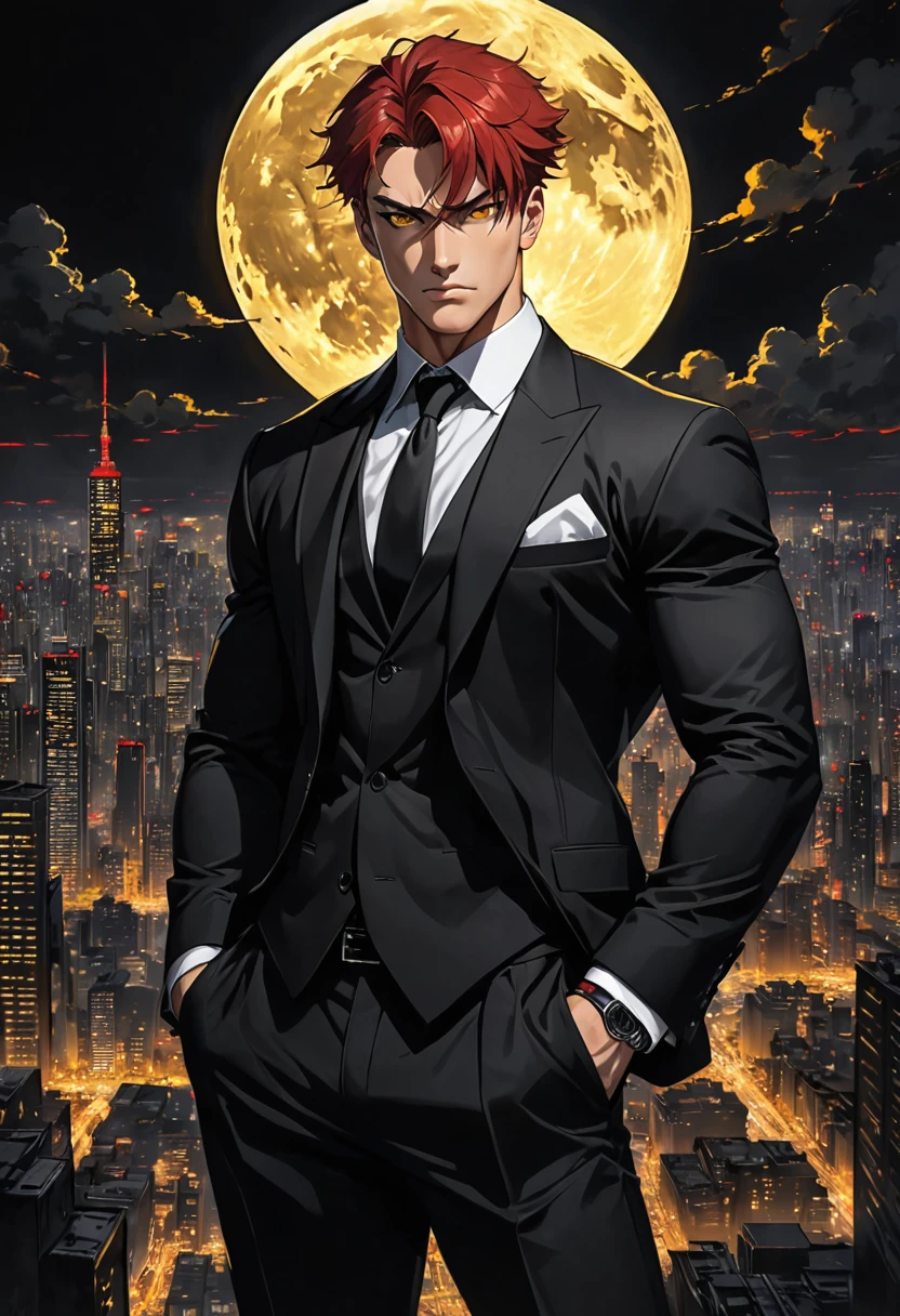 1 men, about 28 years old, yellow  eyes, serious body, well defined and muscular, messy short red hair, mobster, wearing a black suit, black backdrop, over the city moon 