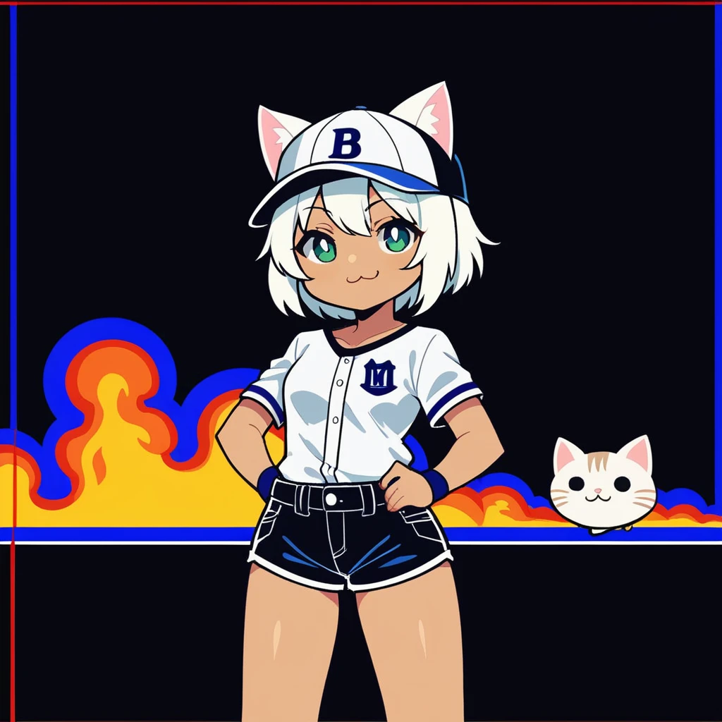 source_anime, score_9, score_8_up, BREAK chibi 1girl, fire background, cat ears, baseball hat, shirt, shorts, smile