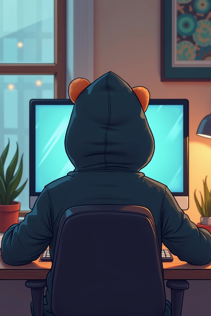 I need a cartoon man pic from backside upper corner of the room wearing black and white hoodie when using 2 monitor set up computer