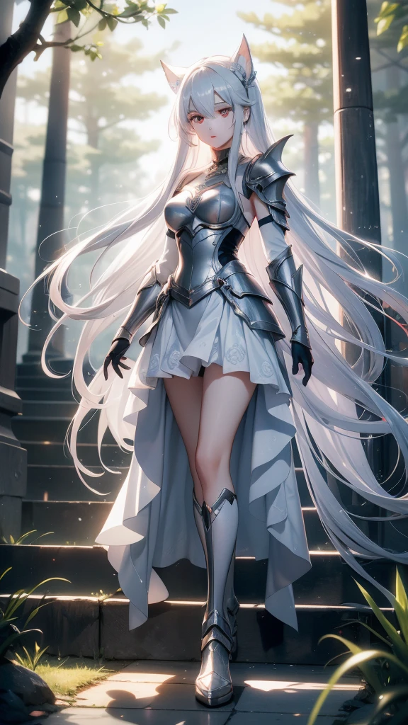 アニメ,  girl, {face perfect}, {long white hair}, {[dark red eyes]}, {asymmetrical eyes}, {perfect nose}, {visible lips}, {full body 5.0}, {silver armor 1.8 complete}, {at a forest}

{8k image}, {128k ultra resolution}, {ultra quality 128k}, {128k high quality sharpness}
