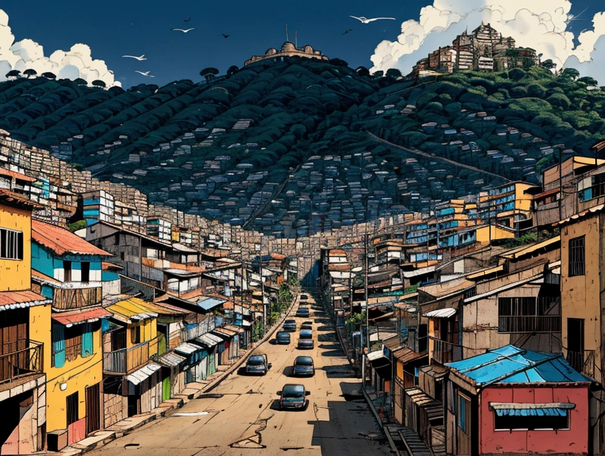 Favelas brasileiras, casas, palafitas, morros, escadarias, becos, ruas, carros, pessoas, cinematic lighting, wide shot, from above, atmospheric perspective, UHD, masterpiece, accurate, anatomically correct, super detail, high details, high quality, best quality, highres.