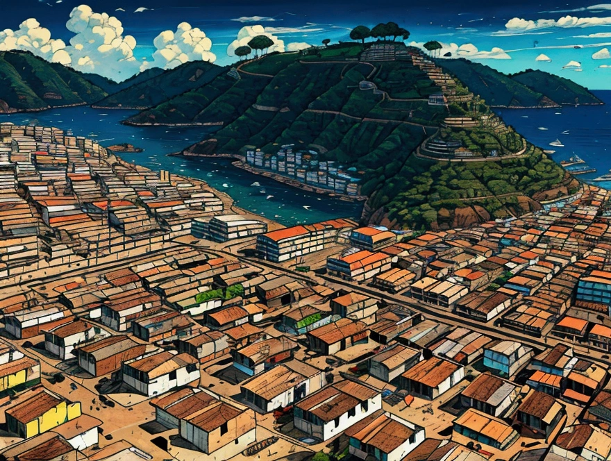 Favelas brasileiras, casas, palafitas, morros, escadarias, becos, ruas, carros, pessoas, cinematic lighting, wide shot, from above, atmospheric perspective, UHD, masterpiece, accurate, anatomically correct, super detail, high details, high quality, best quality, highres.