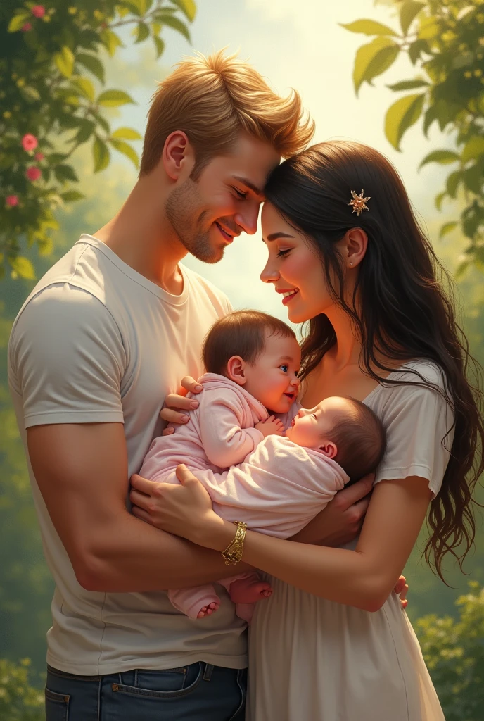 couple, of blond man, high, muscular, and young, a black-haired woman, Blue-eyed, with a smile, carrying a baby boy, and the man carrying a female baby.
