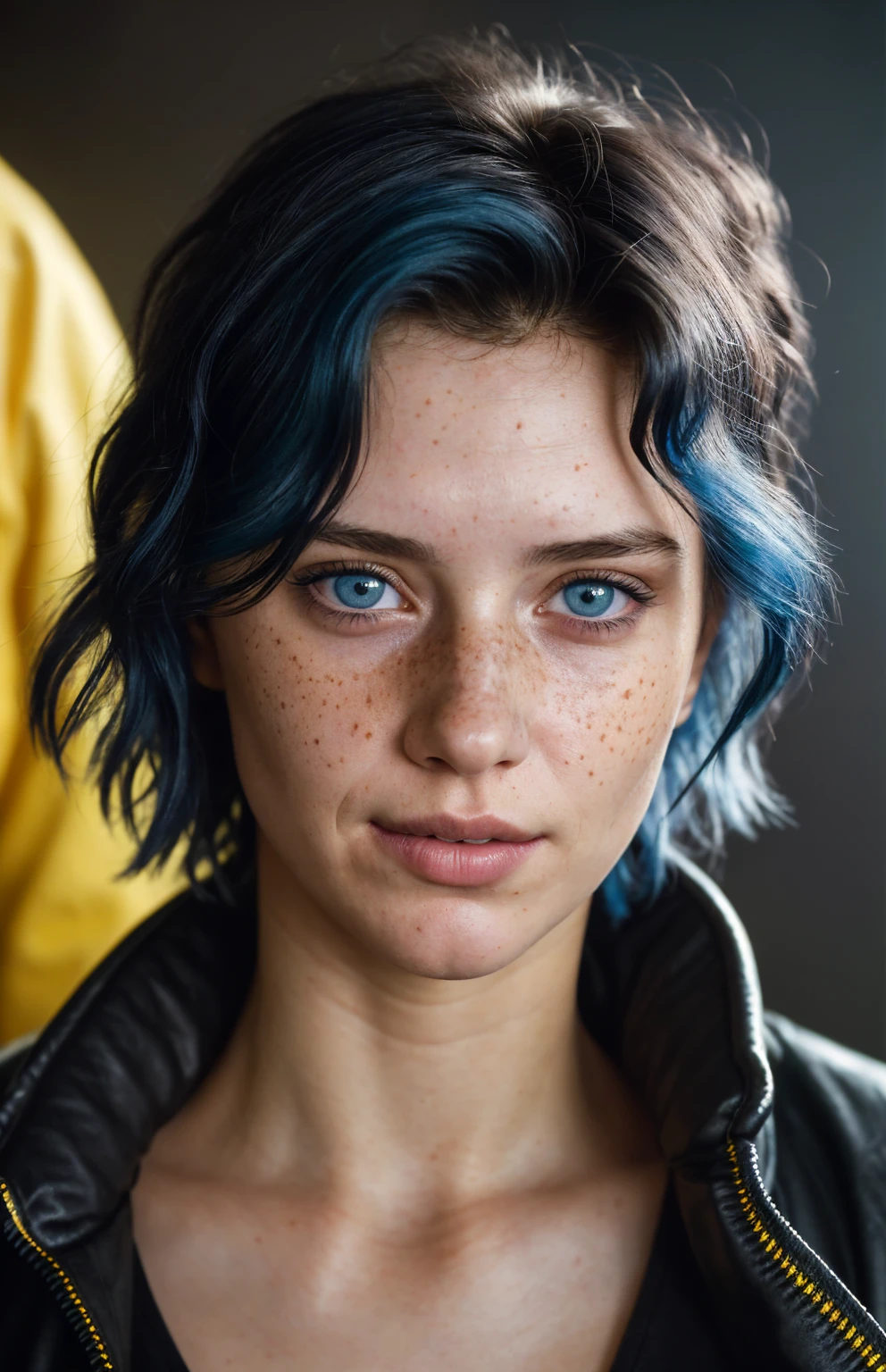 (close-up, editorial photograph of a 21 year old woman), (highly detailed face:1.4) (smile:0.7) (background inside dark, moody, private study:1.3) POV, by lee jeffries, nikon d850, film stock photograph ,4 kodak portra 400 ,camera f1.6 lens ,rich colors, hyper realistic ,lifelike texture, dramatic lighting , cinestill 800, wavy hair, messy hair, short hair, Mischievous smirk, Blue hair, Blue eyes, freckles, white skin, black shirt, yellow jacket from cyberpunk 2077, european woman, european skin, european expression, Athletic, masterpiece, Astral Plane