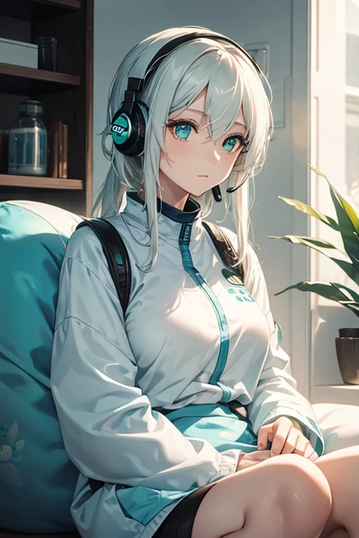 woman, boba tea, light blue bean bag, soft lighting, green eyes, white hair, blue headphones