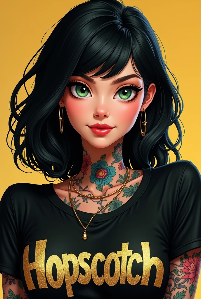 Disney Drawing 30-year-old white woman with green eyes and shoulder-length black hair with tattoos on her body and a black shirt with the word Hopscotch written in gold 