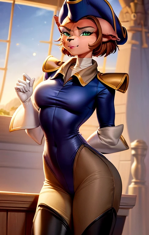 (best quality, masterpiece:1), furry female anthro captain Amelia, brown nose, cat ears, body fur, clothed, hat, blue coat, pants, thigh boots, white gloves, green eyes, looking at viewer, opened mouth, lipstick, eyeshadow, white turtleneck, half-closed eyes,saber (wooden ship space sky background:1.0), pixar style.