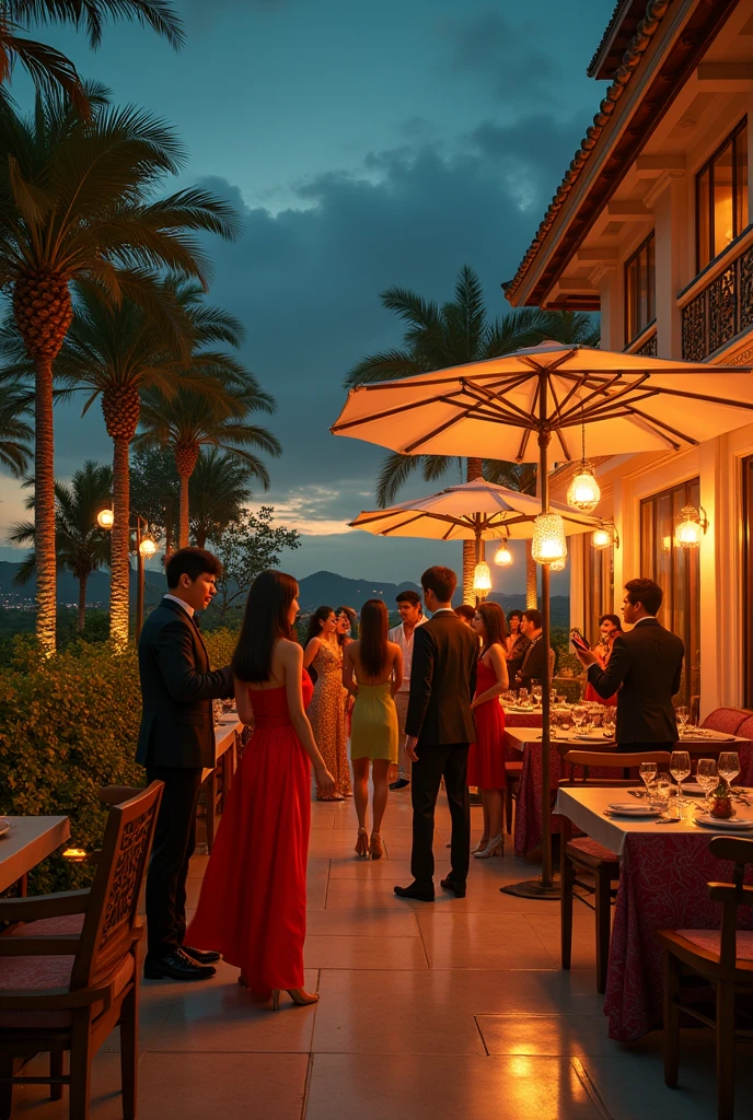 80s style，A group of fashionable people，Chinese，Parties，In the villa garden，On the rooftop，Night，evening，reunion，Reception，wine，Wine Tasting，Suit，High heel（Rich details），（Best quality），Film Style