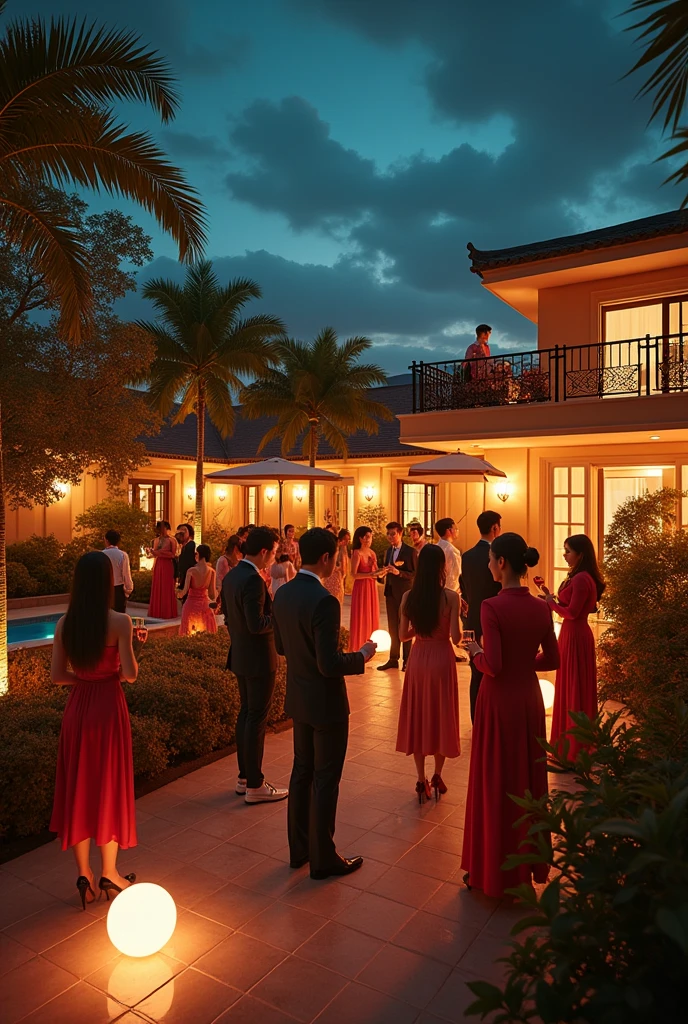 80s style,A group of fashionable people,Chinese,Parties,In the villa garden,On the rooftop,Night,evening,reunion,Reception,wine,Wine Tasting,Suit,High heel(Rich details),(Best quality),Film Style