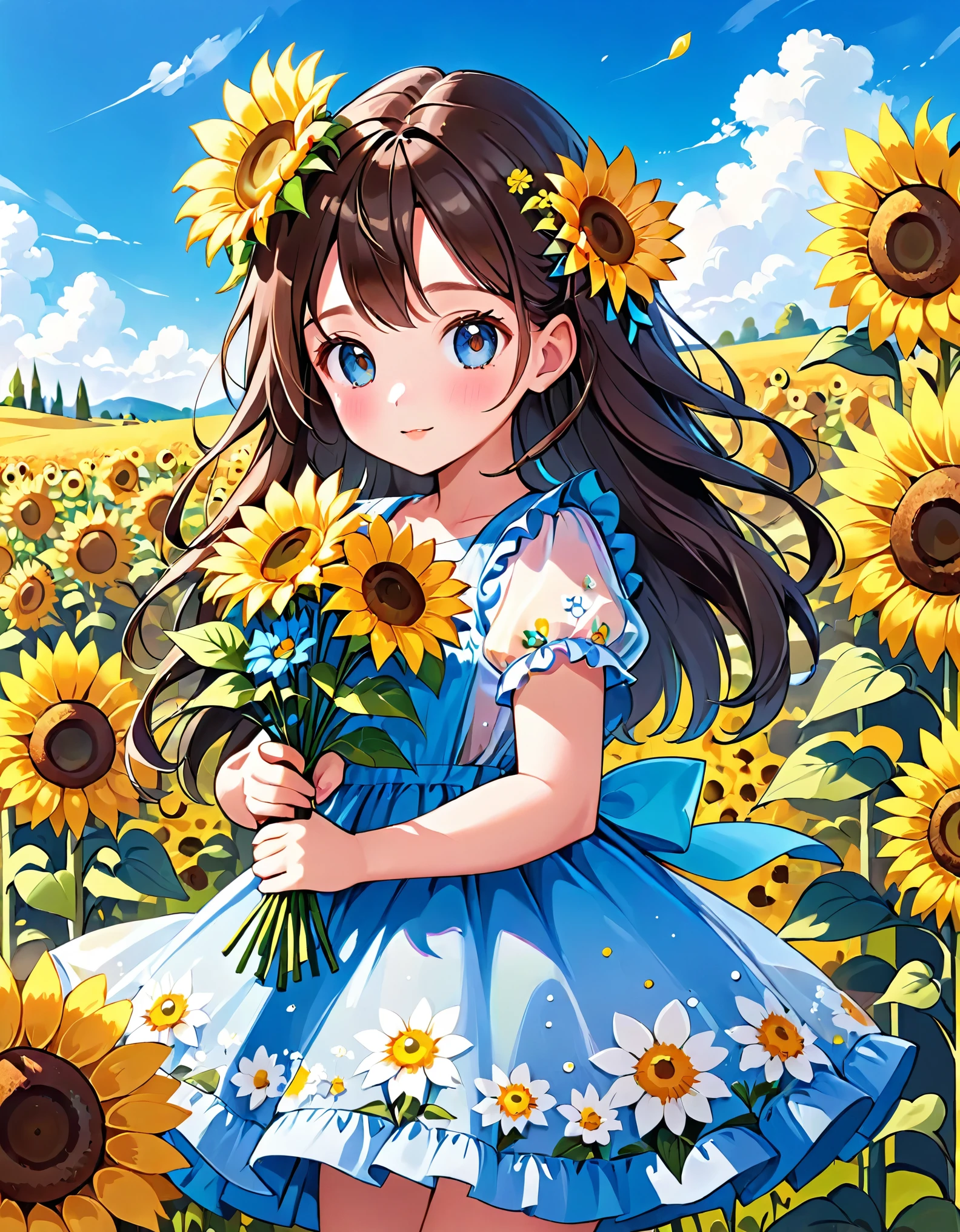 blue sky、White cloud、Summer sky、A flower field、Cartoon girl holding flowers and a big flower, Cute digital art, Cute and detailed digital art, Cute cartoon character, Cute art style, Adorable digital painting, Wearing a floral dress, Cute cartoon, Beautiful sunflower anime girl, realistic pretty girl painting, Digital cartoon painting art, Cute artwork, Cute Colorful Adorable, pretty girl, Cartoon style cute, Girl with a flower face