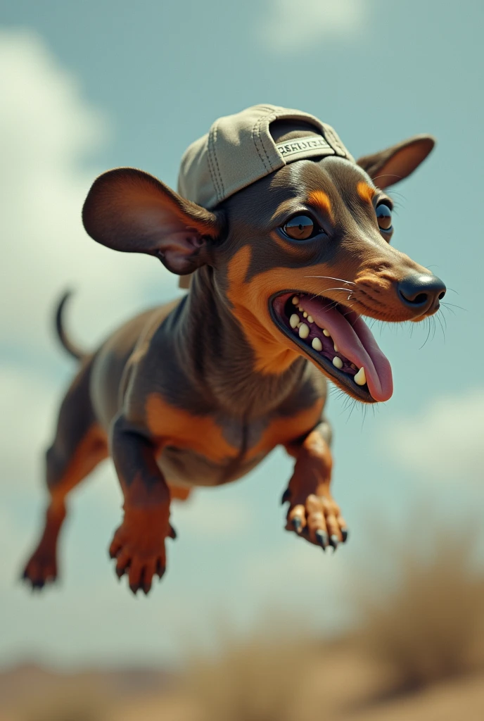 A flying muscled dachshund with a backwards cap and a slave 